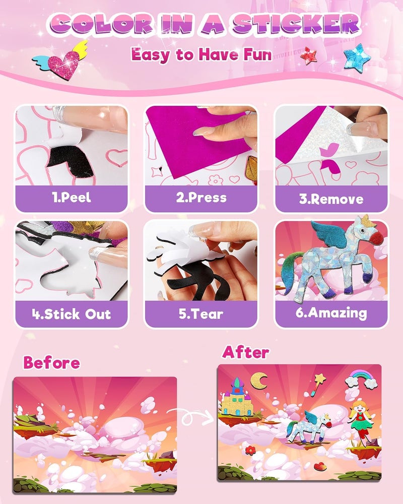 Baobrava Foil Art Fun Kit for Kids - Christmas Ornaments Craft Kit, DIY Christmas Princess& Unicorn Foil Art Craft Activity for Kids, Creative New Year Birthday Gifts Travel Toys for 4 and Up - Image 4